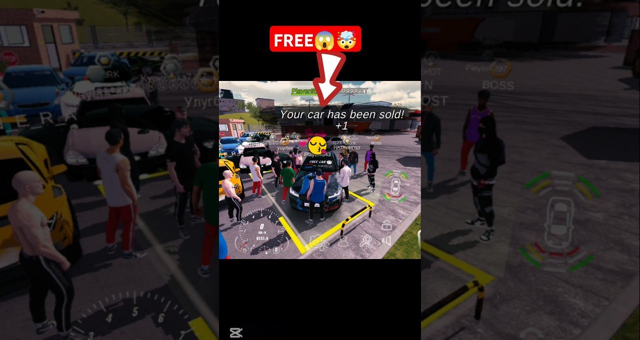 Crowded virtual parking lot with avatars gathered around a car and sale notification
