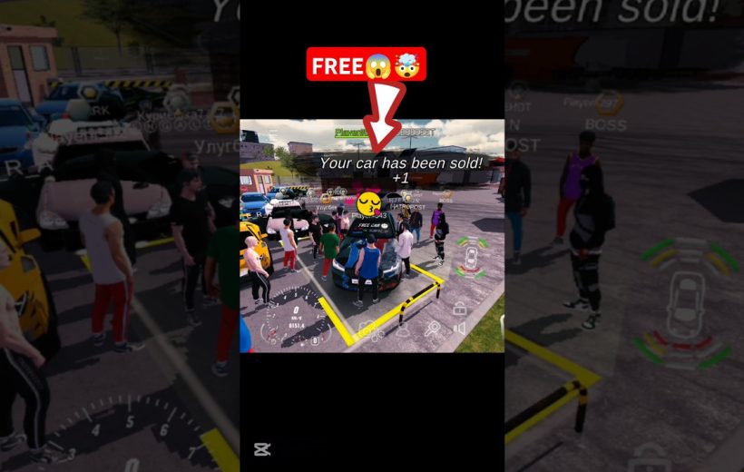 Crowded virtual parking lot with avatars gathered around a car and sale notification