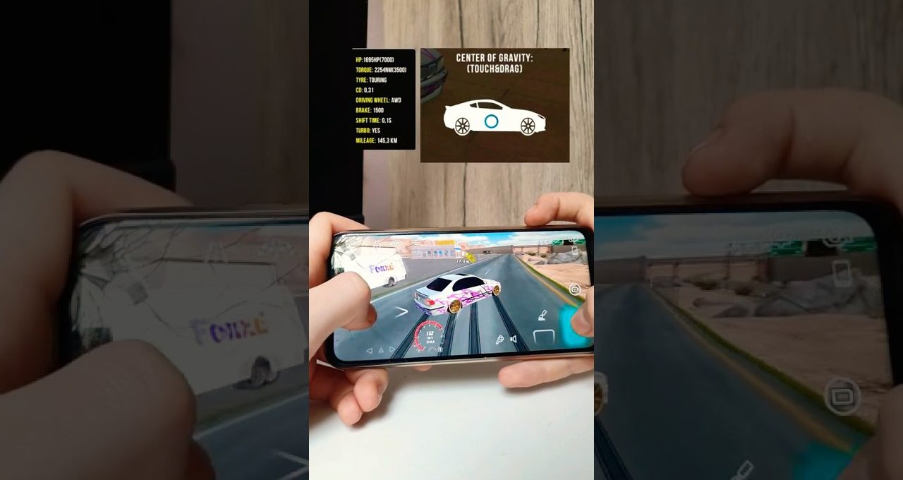 Hands holding a smartphone playing a drifting car racing game on screen.