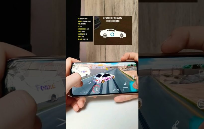 Hands holding a smartphone playing a drifting car racing game on screen.