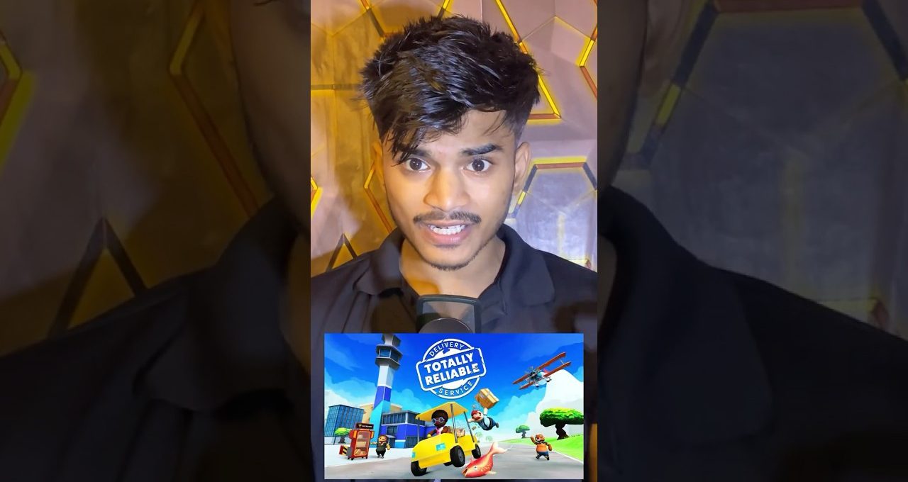 Young man speaking into microphone with game advertisement thumbnail overlayed at bottom