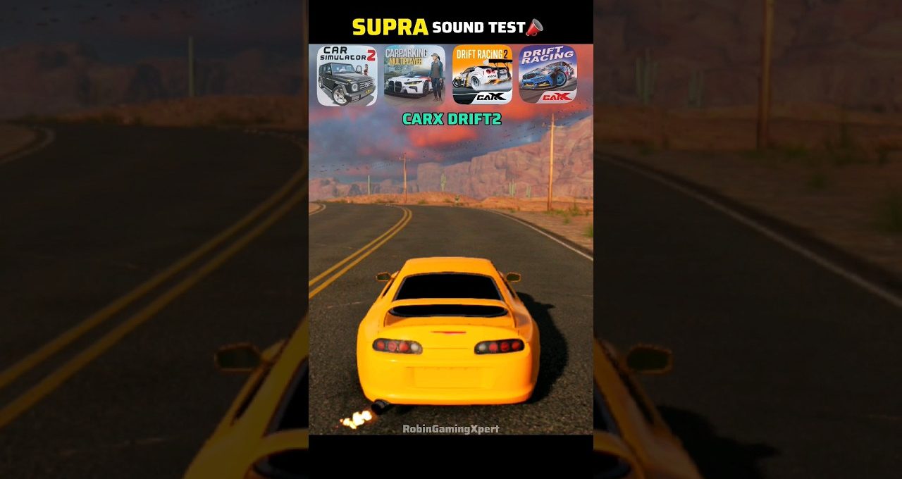 Yellow sports car driving on desert road with "Supra Sound Test" banner above