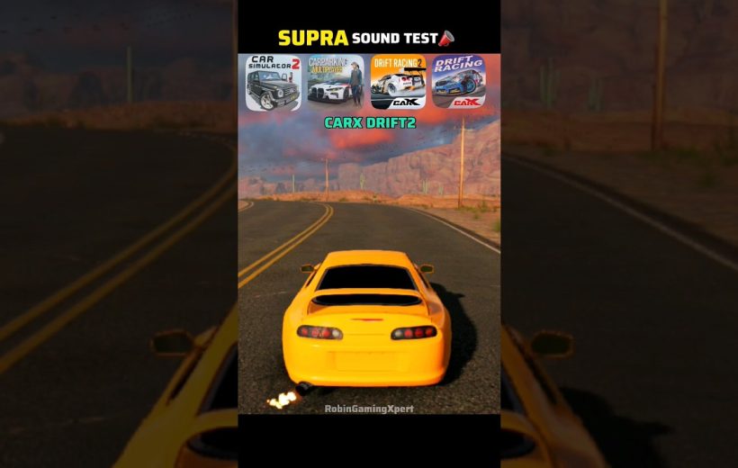Yellow sports car driving on desert road with "Supra Sound Test" banner above
