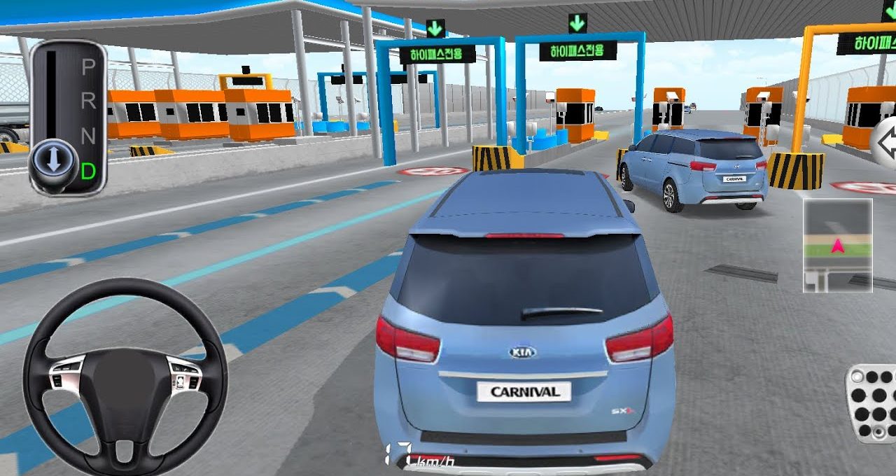 Blue Kia minivan driving through a toll plaza in a car racing game