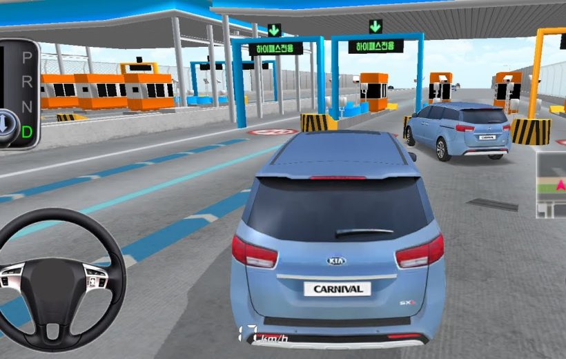 Blue Kia minivan driving through a toll plaza in a car racing game