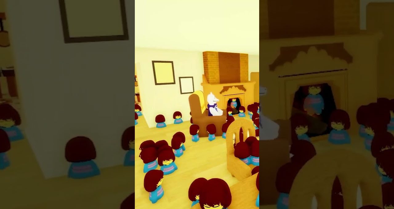 Cartoon living room filled with many identical small children surrounding a seated adult goat-like figure