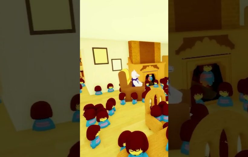 Cartoon living room filled with many identical small children surrounding a seated adult goat-like figure