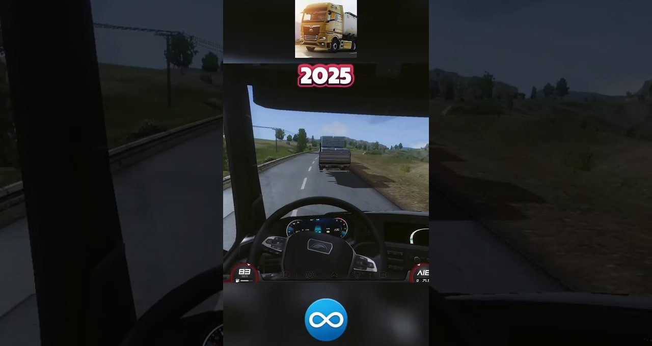 Truck driver viewpoint following a cargo truck on a rural two-lane road, dashboard visible