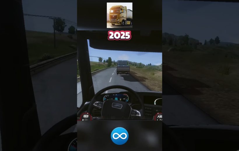 Truck driver viewpoint following a cargo truck on a rural two-lane road, dashboard visible
