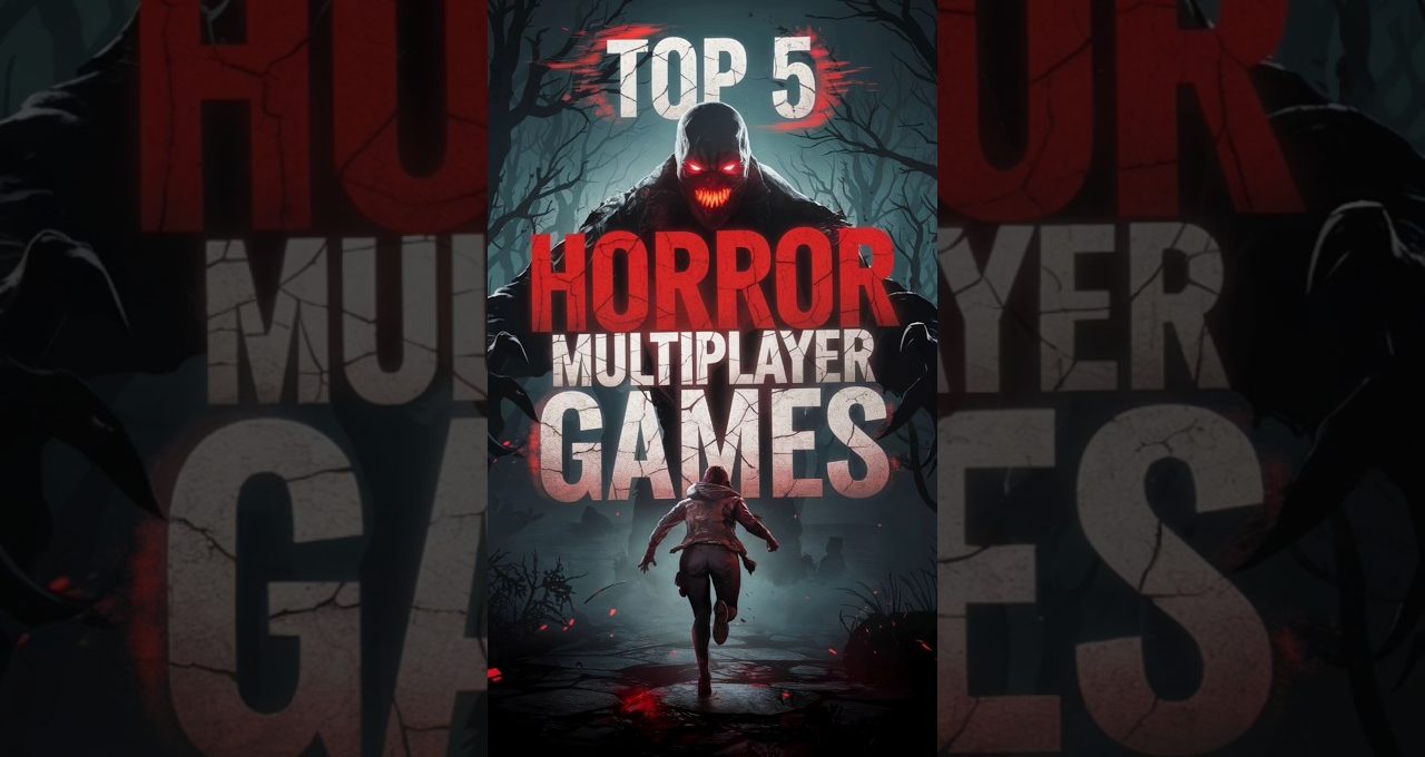 Player running from glowing-eyed monster beneath large "Top 5 Horror Multiplayer Games" text