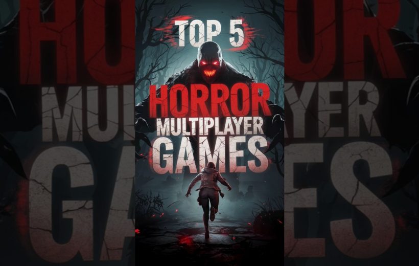 Player running from glowing-eyed monster beneath large "Top 5 Horror Multiplayer Games" text