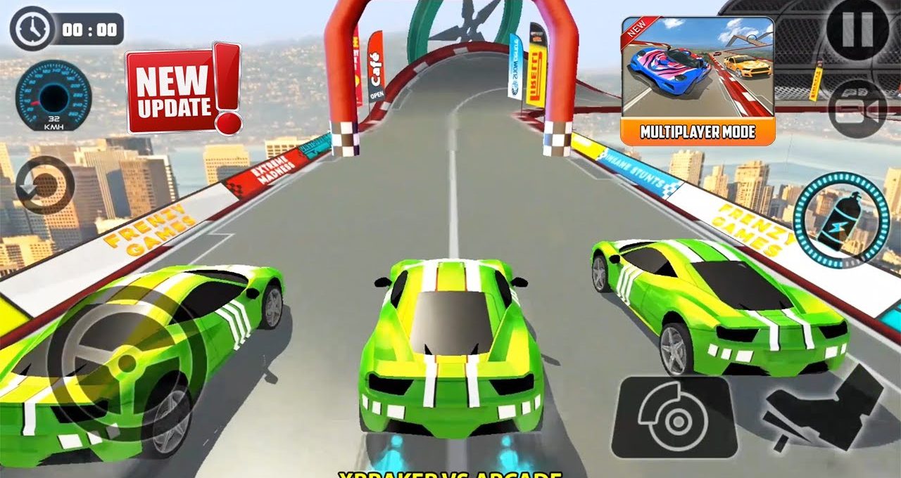 Three green sports cars lined up on a rooftop racetrack starting line