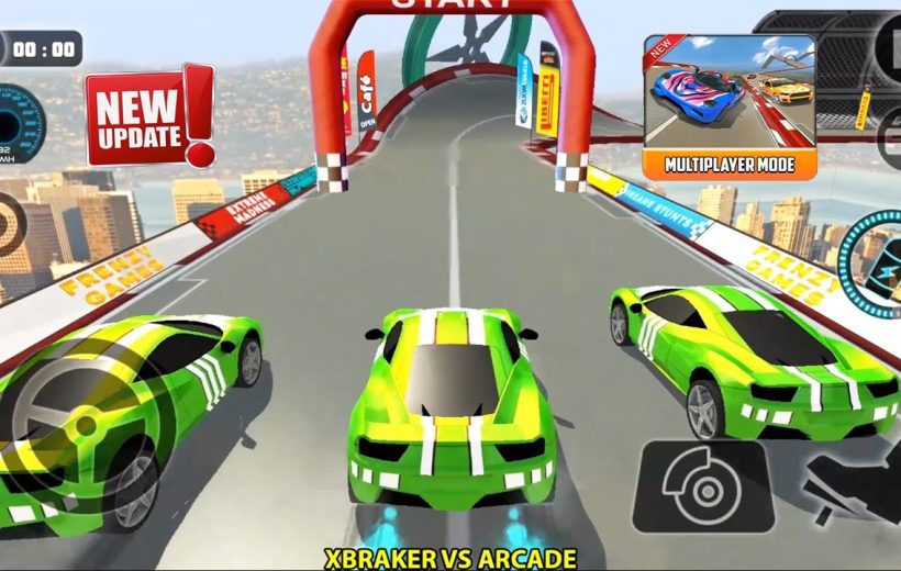 Three green sports cars lined up on a rooftop racetrack starting line