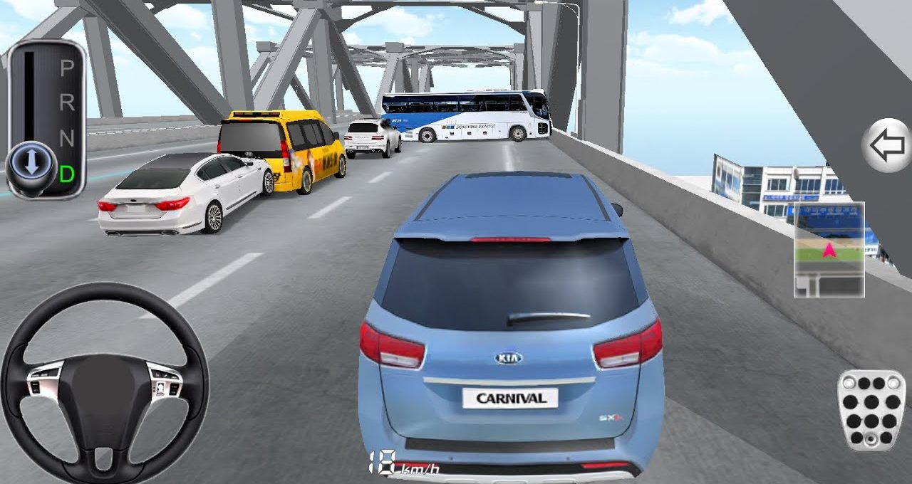 Third-person driving view of a blue Kia van navigating traffic on a bridge