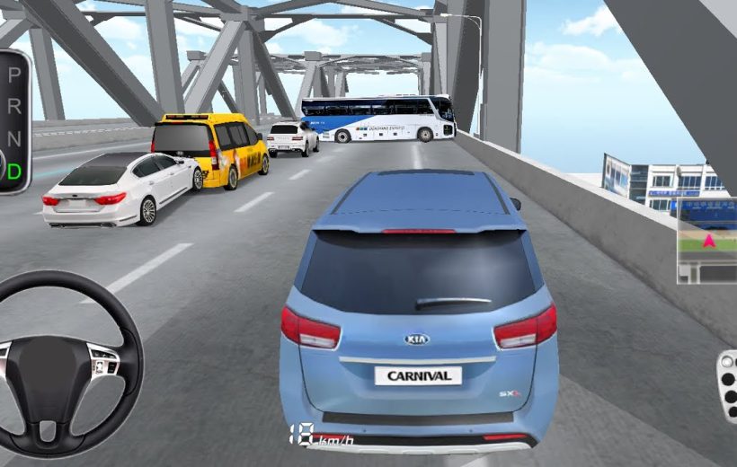 Third-person driving view of a blue Kia van navigating traffic on a bridge