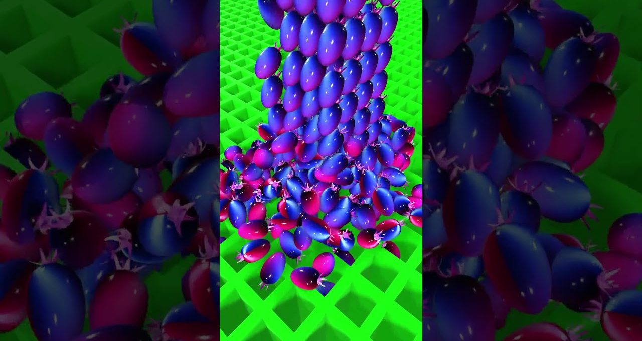 Bright purple and blue berries pouring onto a neon green grid surface.
