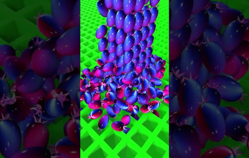 Bright purple and blue berries pouring onto a neon green grid surface.