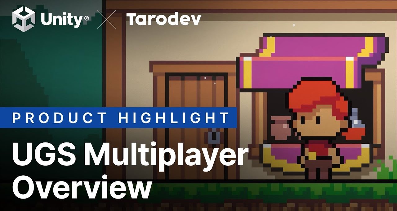 Pixel-art redheaded character standing by a market stall with "UGS Multiplayer Overview" text