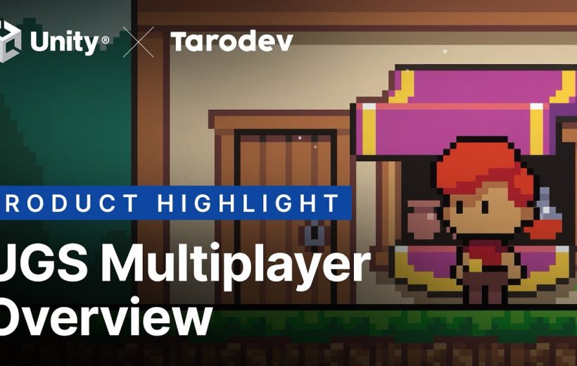 Pixel-art redheaded character standing by a market stall with "UGS Multiplayer Overview" text