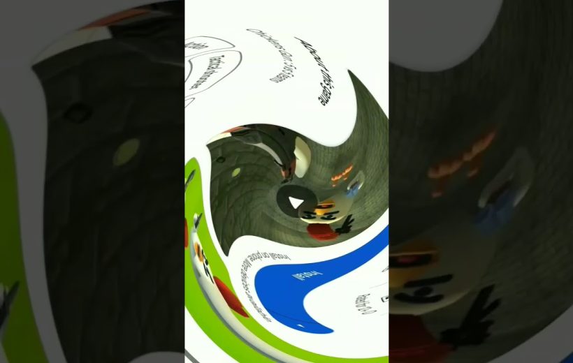 Distorted circular swirl of colorful app icons and text on a vertical screen