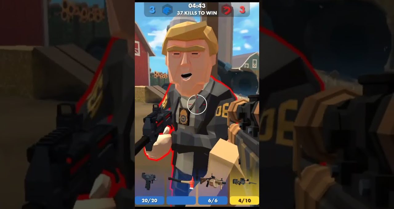 Blocky soldier character aiming rifle at camera in cartoony first-person shooter HUD