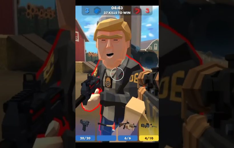 Blocky soldier character aiming rifle at camera in cartoony first-person shooter HUD