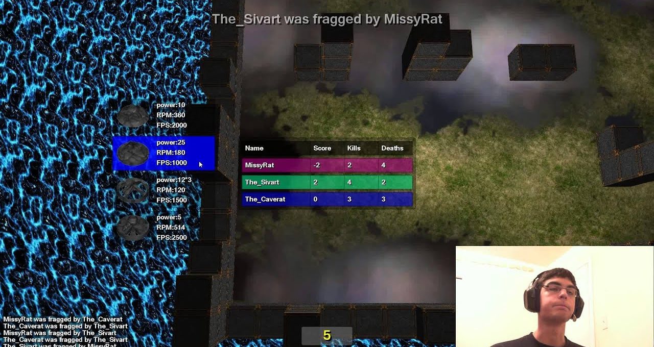 Top-down multiplayer game scoreboard over watery arena with webcam showing player wearing headset