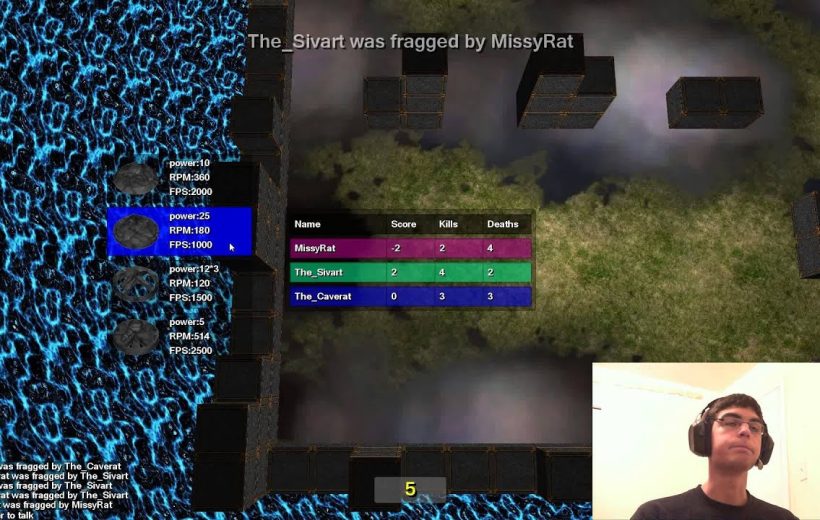 Top-down multiplayer game scoreboard over watery arena with webcam showing player wearing headset
