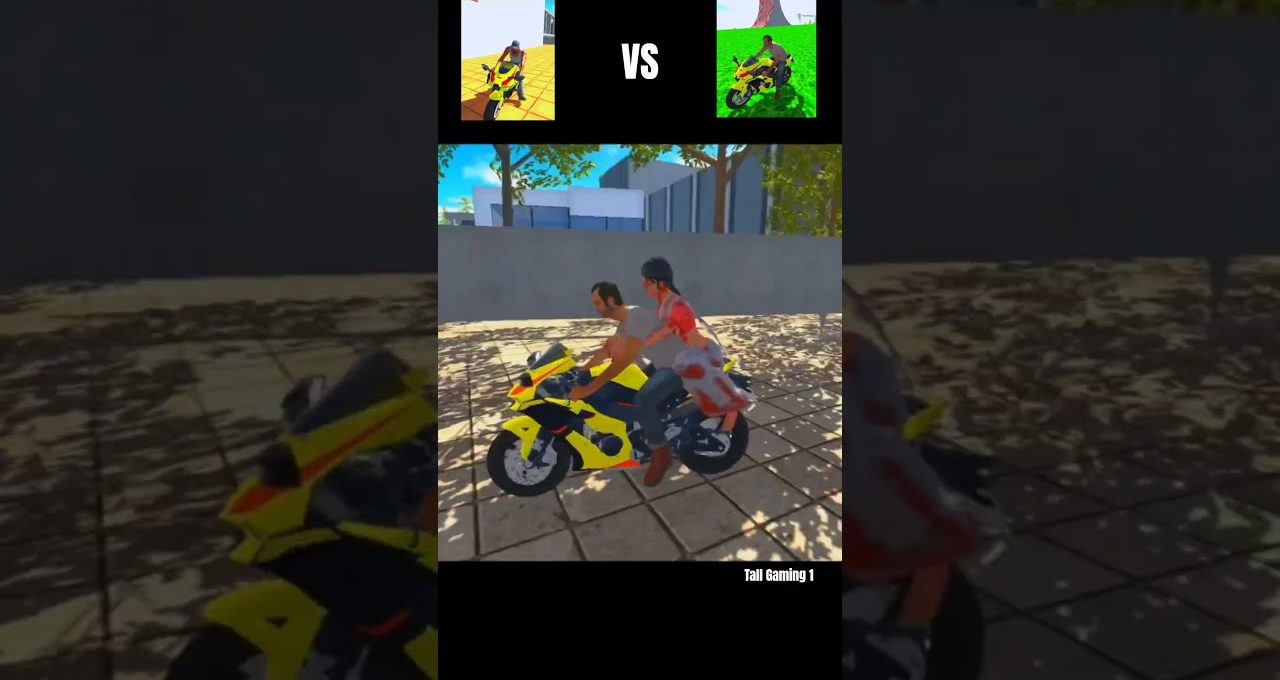 Two characters riding a yellow sport motorcycle on a sunlit tiled courtyard