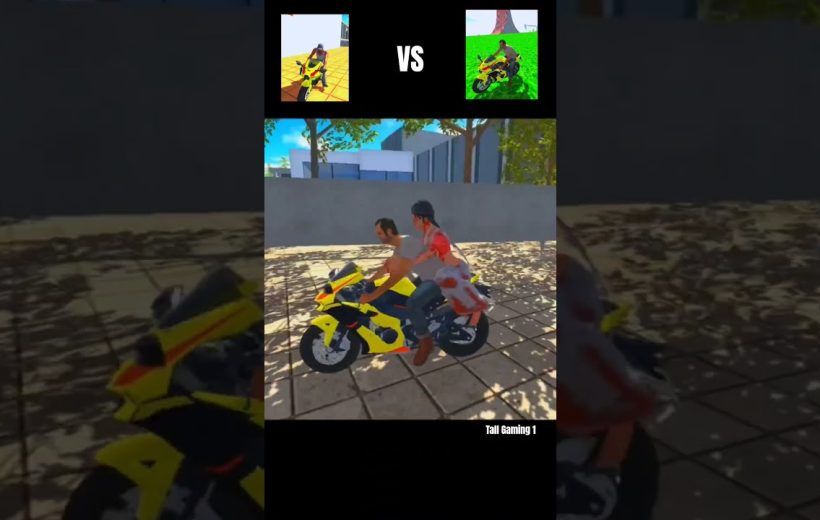 Two characters riding a yellow sport motorcycle on a sunlit tiled courtyard