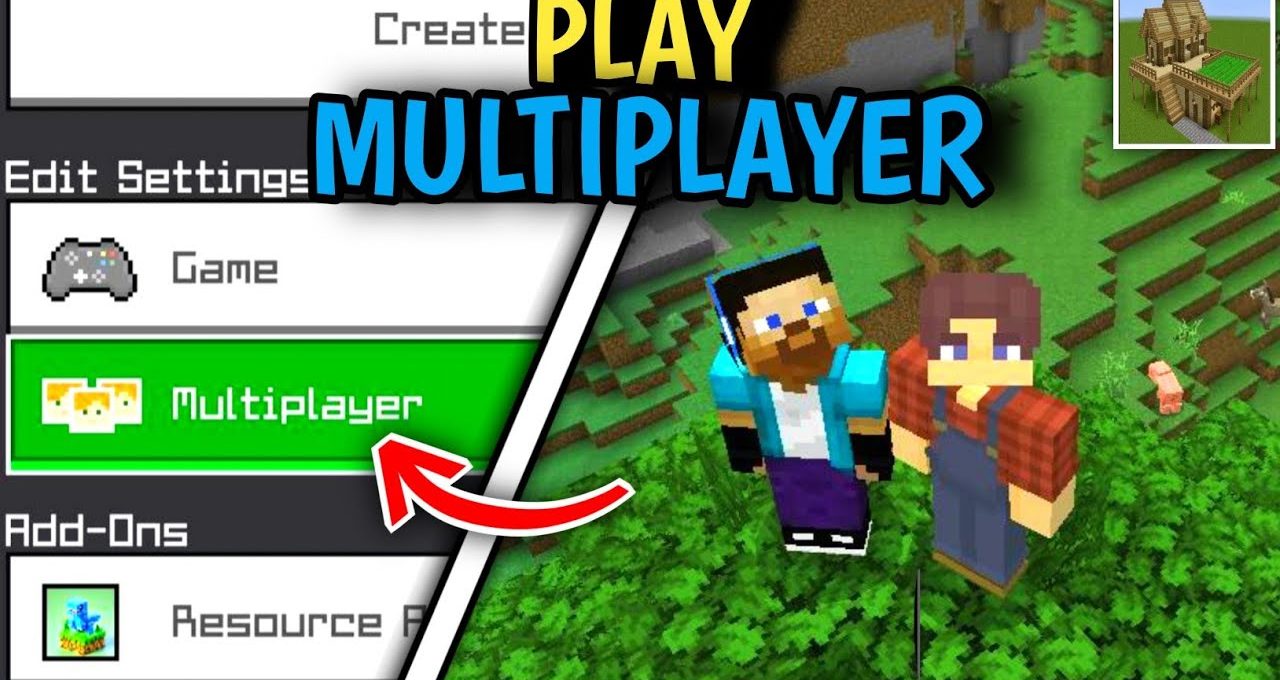 Minecraft menu highlighting Multiplayer option with two player characters standing on foliage