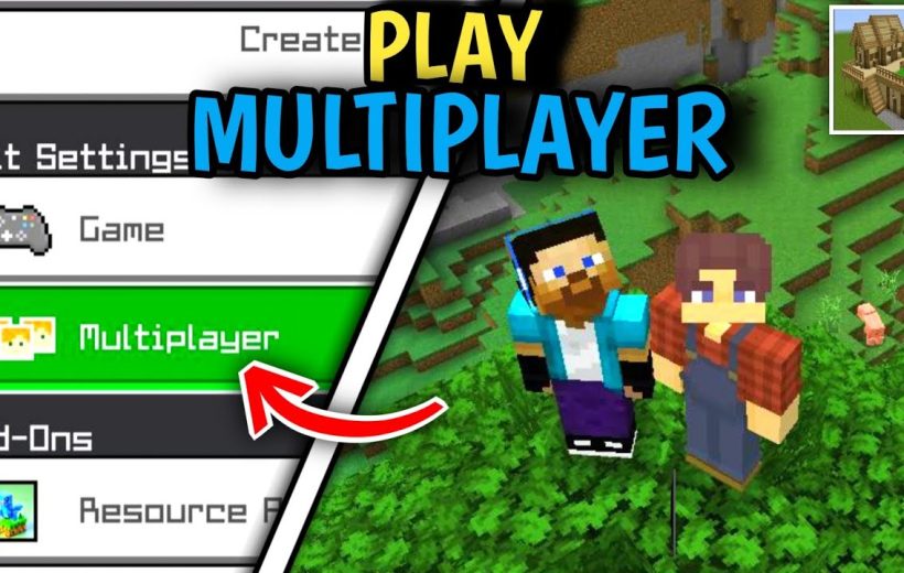 Minecraft menu highlighting Multiplayer option with two player characters standing on foliage