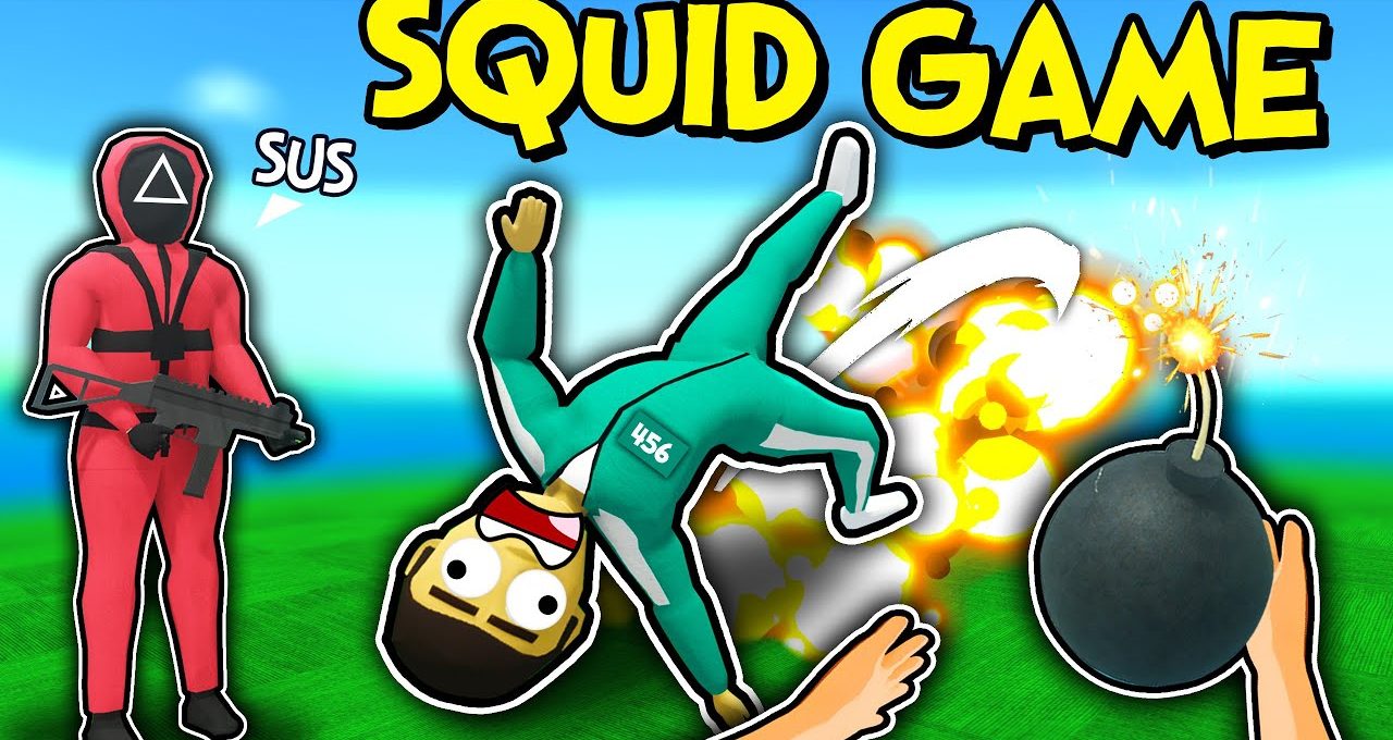 Squid Game-themed cartoon character in green uniform being blown away by bomb explosion