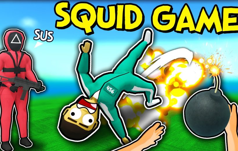 Squid Game-themed cartoon character in green uniform being blown away by bomb explosion