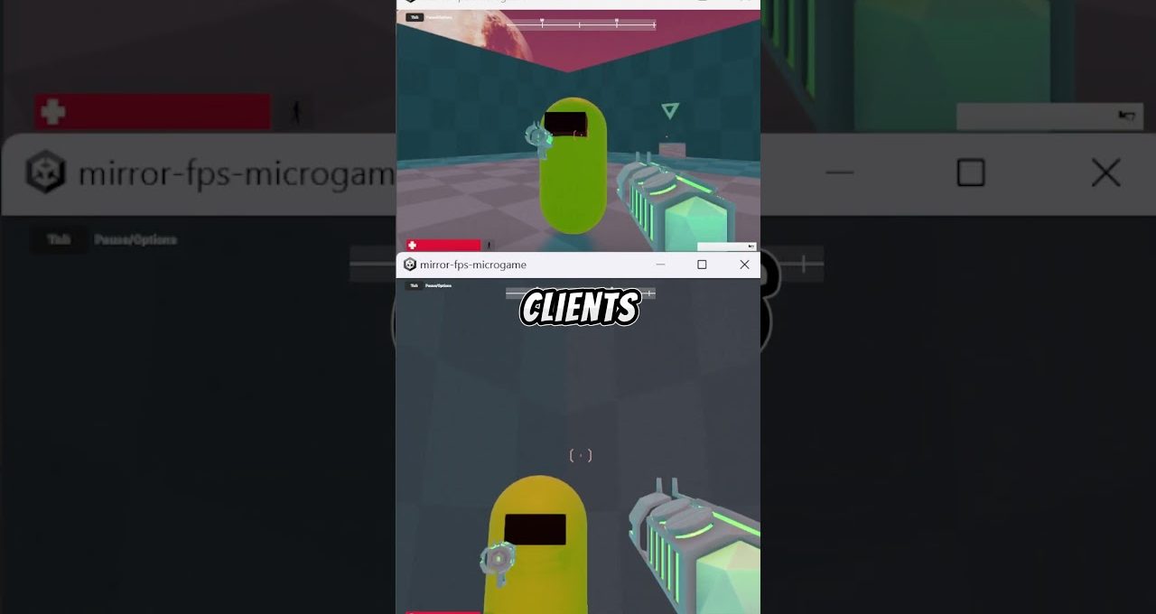 Split-screen game view showing two clients aiming at a cartoon yellow-green character.
