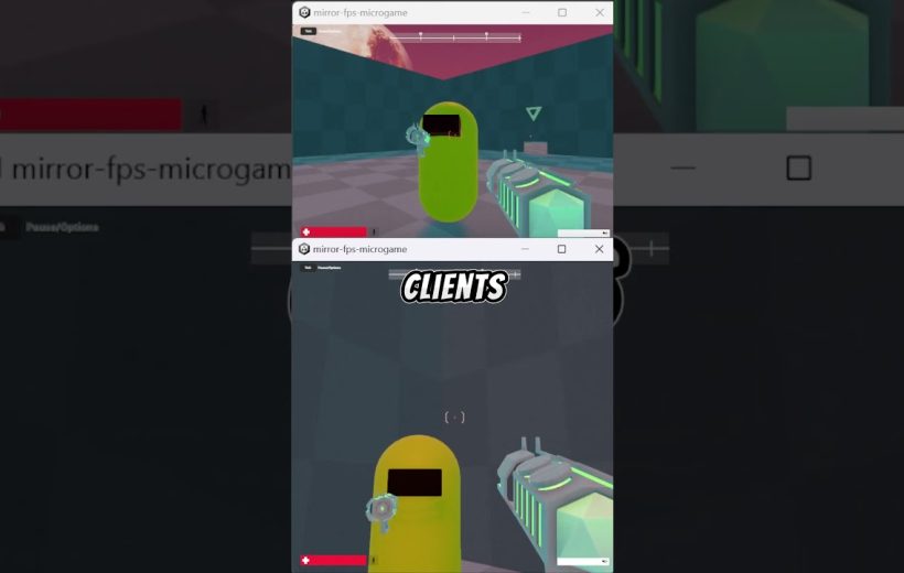 Split-screen game view showing two clients aiming at a cartoon yellow-green character.