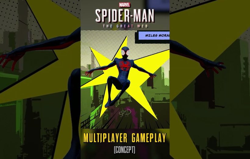 Miles Morales Spider-Man posing midair against a comic-style city backdrop and starburst