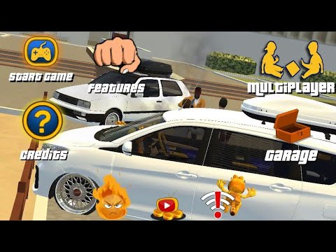 White tuned cars parked on street with game menu icons and labels overlaying scene