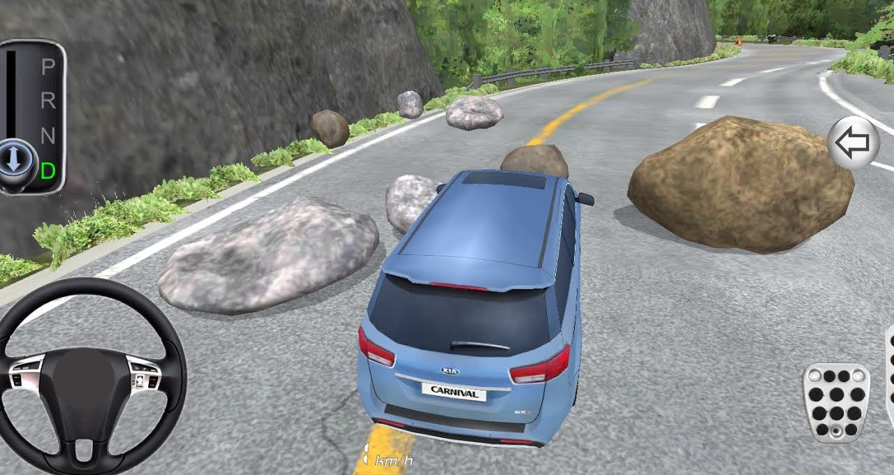 Blue SUV navigating a mountain road strewn with large boulders and rocks.