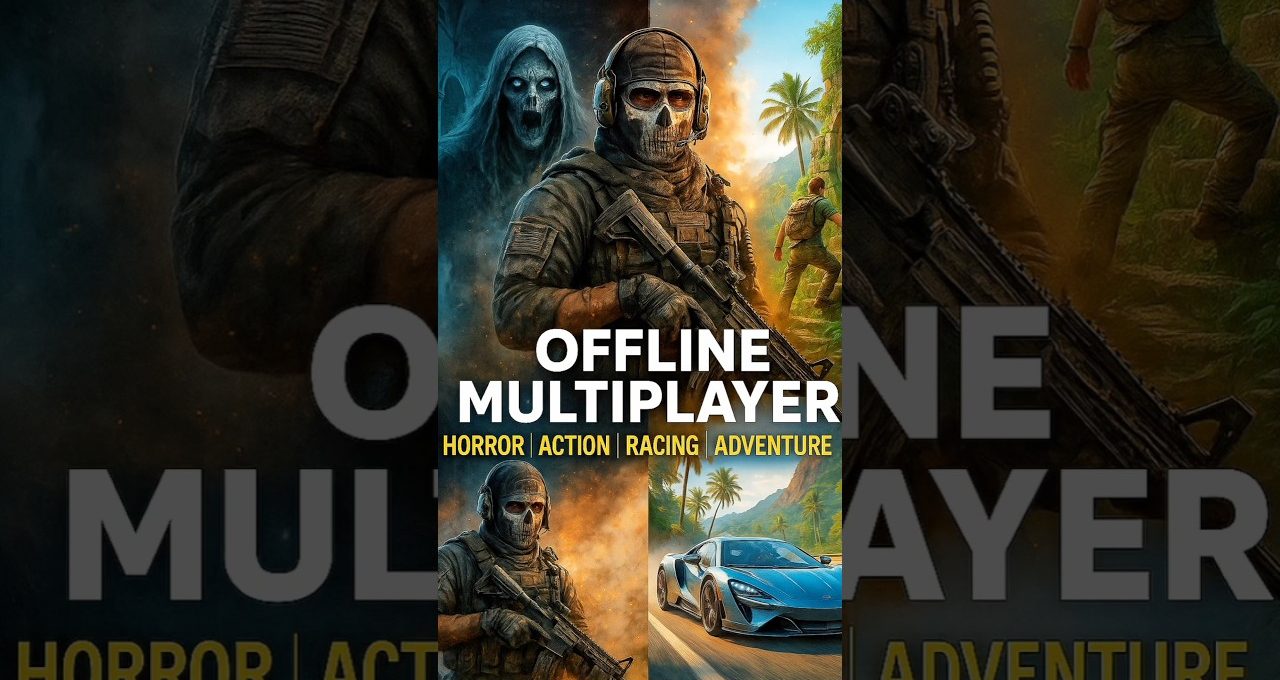 Soldier in skull mask with rifle, ghost figure, tropical adventurer, and sports car.