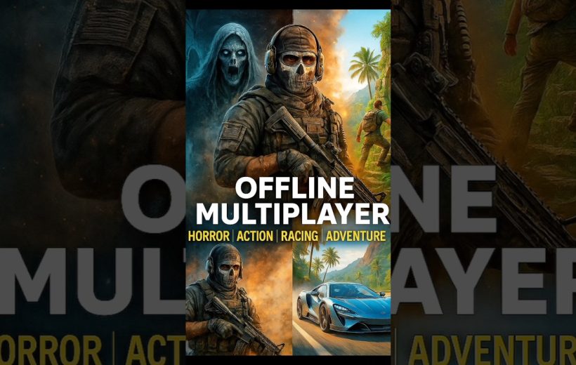 Soldier in skull mask with rifle, ghost figure, tropical adventurer, and sports car.