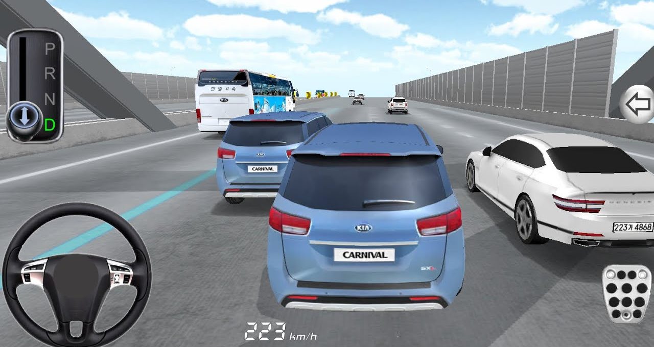Rear view of blue Kia Carnival minivan driving on busy multi-lane highway simulation