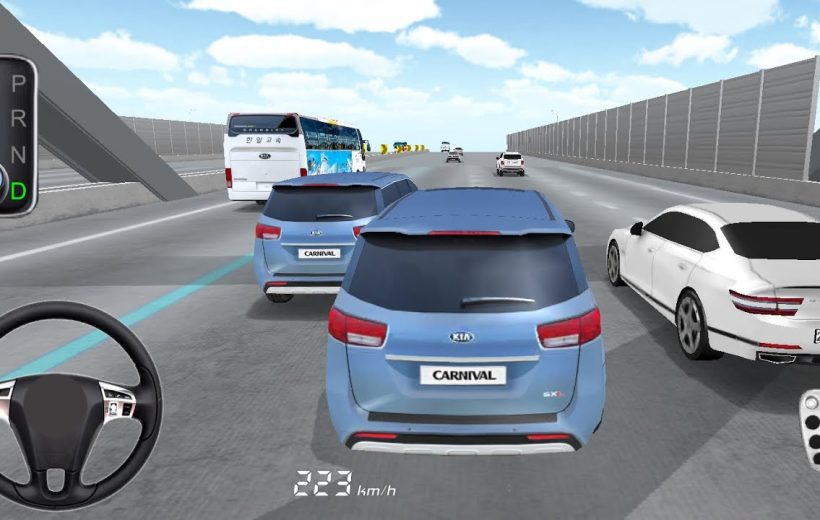 Rear view of blue Kia Carnival minivan driving on busy multi-lane highway simulation