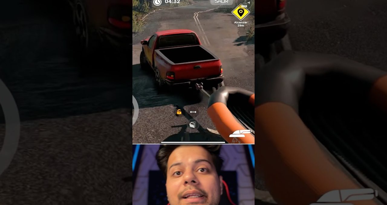 Red pickup truck being towed in a driving game with streamer face below