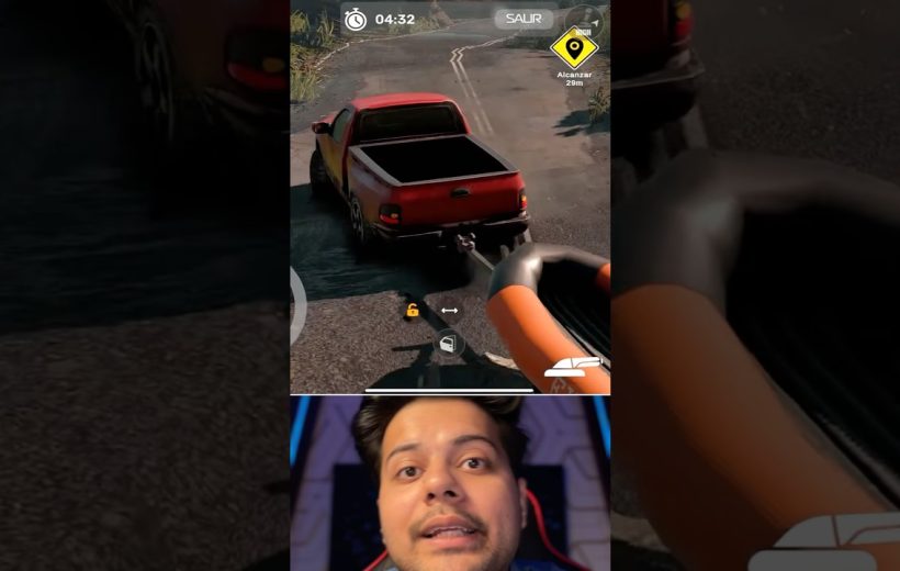 Red pickup truck being towed in a driving game with streamer face below