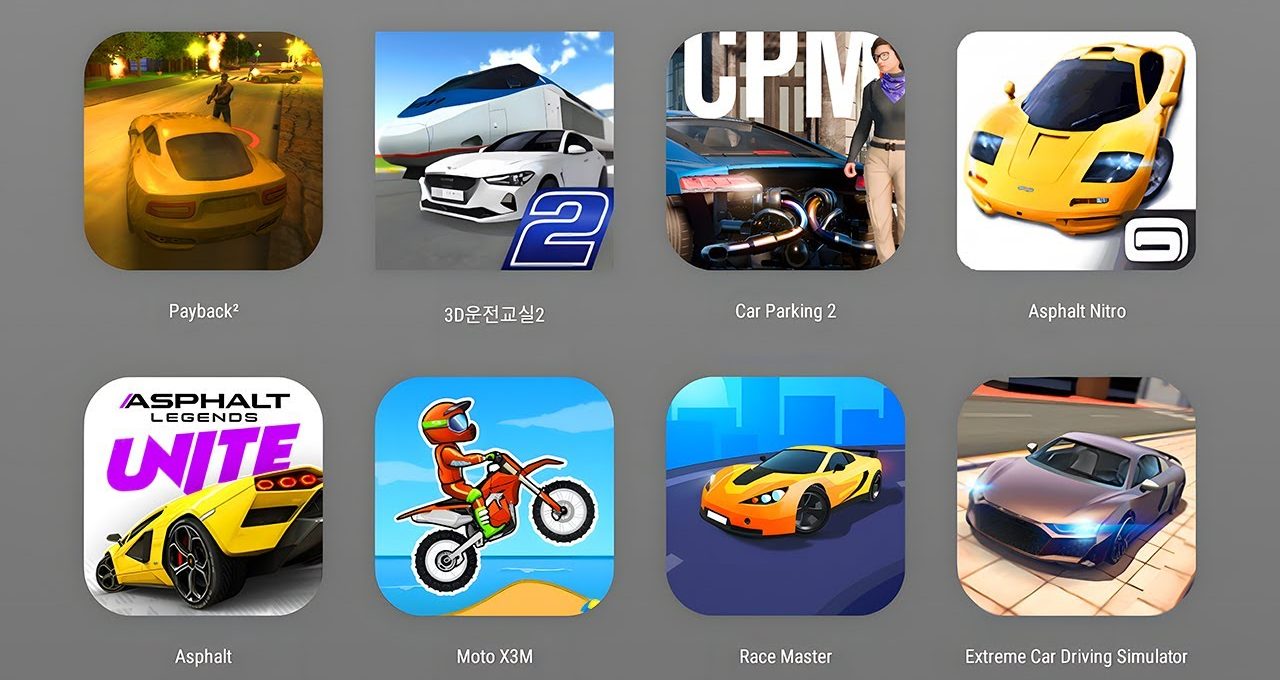 Nine colorful mobile racing and driving game icons arranged in a three-by-three grid.