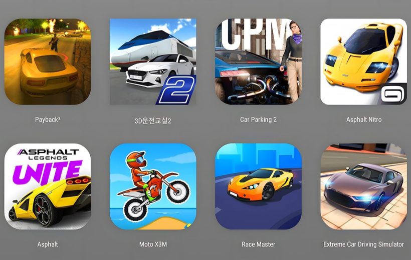 Nine colorful mobile racing and driving game icons arranged in a three-by-three grid.