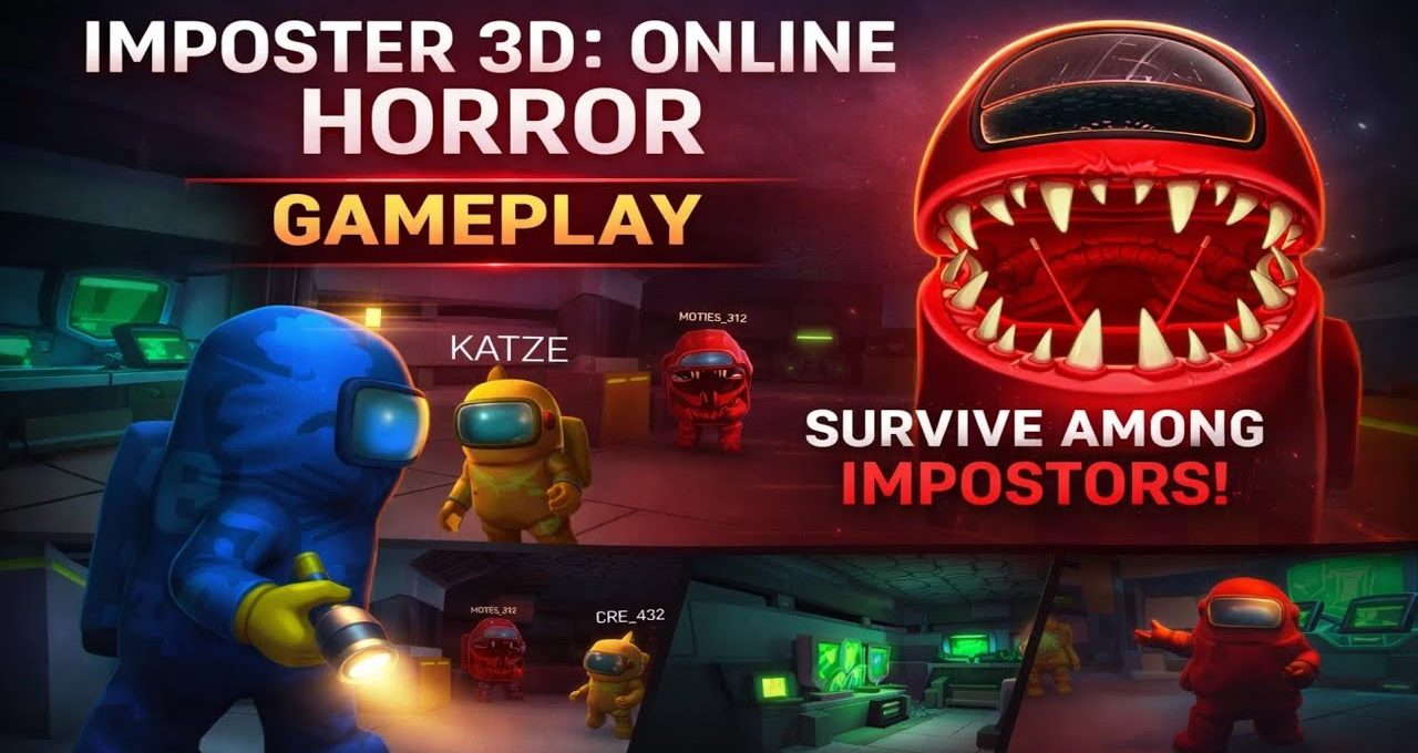 Cartoon crewmates explore a spaceship while a monstrous red impostor threatens them