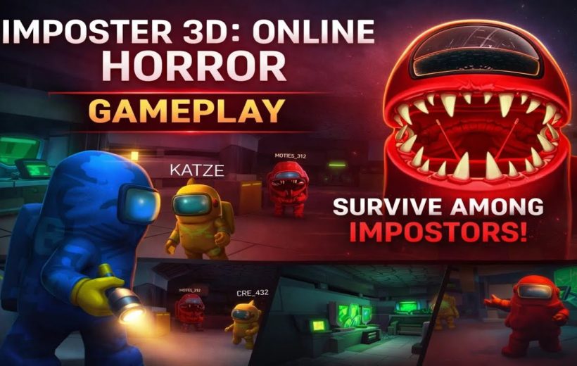 Cartoon crewmates explore a spaceship while a monstrous red impostor threatens them