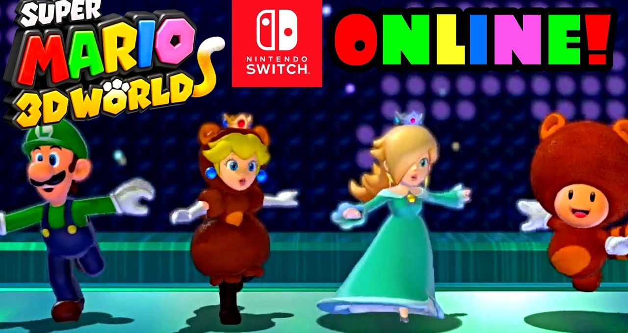 Luigi, Peach in cat and bear costumes, Rosalina, and Toad dancing in Super Mario 3D World